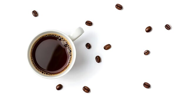 Aerial view of black coffee in a white cup surrounded by coffee beans on a white background surface - Powered by Adobe
