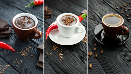 Coffee collage. Coffee and hot chocolate in the cups on a black wooden background. Close-up.