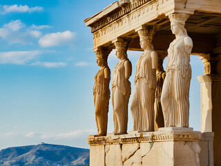Ancient Greek Sculptures of the Erechtheion in Athens, Greece against a Clear Sky
