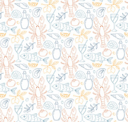 Colorful seamless Mediterranean background with doodle style elements. Italian summer pattern with seafood, lobsters, olive oil, shells, olives, lemons, tomato, drink