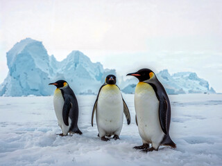 Fototapeta premium Three penguins in a snowy environment