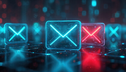 Futuristic illustration of unwanted message concept. Digital representation of emails in neon colors. Abstract illustration of spam, phishing, security threat to email. Tech, communication, network.