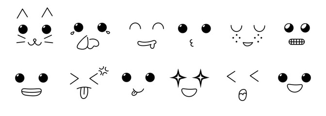 linear cute kawaii faces set in vector. Elements for avatar sticker poster print mascot design character postcard