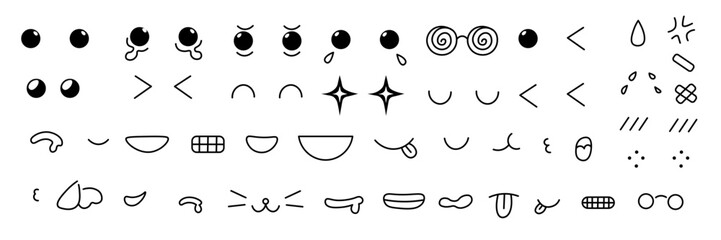 linear cute kawaii part of faces set in vector.. Elements for avatar sticker poster print mascot design character postcard