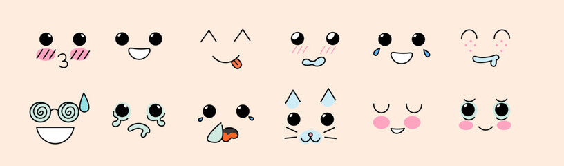 cute kawaii faces set in vector. Elements for avatar sticker poster print mascot design character postcard