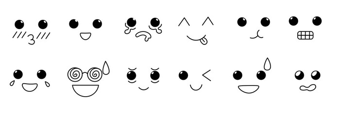 linear cute kawaii faces set in vector. Elements for avatar sticker poster print mascot design character postcard