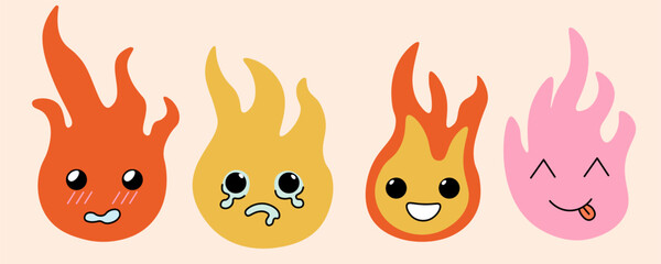 flame kawaii characters set in doodle style in vector. Element for design advertisement mail posts poster print postcard banner