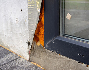 Torn waterproofing protective tape on foam assembly seam