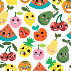 seamless pattern with kawaii fruits and berries in vector. Elements for avatar sticker poster print mascot design character postcard