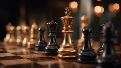 Chess pieces stand ready for the next move on a wooden chessboard, game in progress.