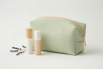 Light Green Makeup Bag with Skincare Bottles and Lavender
