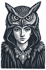 A fantasy portrait of a woman wearing an owl headdress. Vector illustration in a classic vintage woodcut or linocut print style.