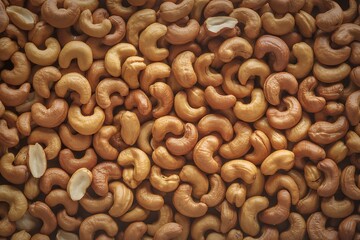Abundant pile of roasted cashew nuts filling the entire frame with warm tones