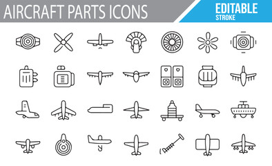 A Set of Aircraft Parts and Flight Systems Icons for Aviation Technology
