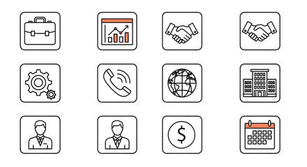 Business and Finance Icons Briefcase Chart Handshake Gear Phone Globe Building People Dollar Calendar.