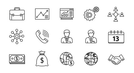 Business and Finance Line Icons Briefcase Graph Gears Money and Handshake.