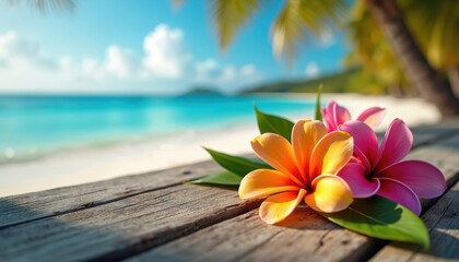 Vibrant tropical flowers on wooden table. Beach background calm turquoise water, white sand. Vacation, travel, relaxation vibes. Sunny weather. Summer design, nature inspiration, coastal scenery,