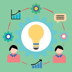 Business teamwork concept with lightbulb gears growth charts and people