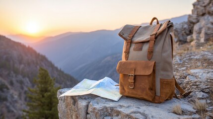 backpack and map on cliff edge at sunrise, mountains in background, travel and adventure vibe