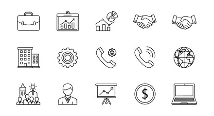 Business and Finance Outline Icons Briefcase Charts Handshake Building Gear Phone Globe Team Dollar Laptop.