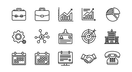 Business and Management Icon Set Briefcases Charts Gear Target Building Calendar Handshake and Phone.