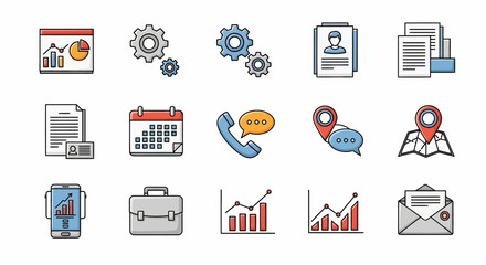 Business and Management Icons Charts Gears Documents and Communication.