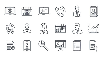 Business and Management Line Icons Laptop Calendar Phone and More.