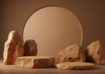 A minimalist presentation featuring natural stone platforms and rock formations.