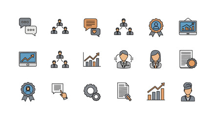 Business icons set with charts people gears documents and communication bubbles.
