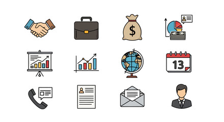 Business Icons Handshake Briefcase Money Bag Charts Globe Calendar Phone Resume Email and Businessman.
