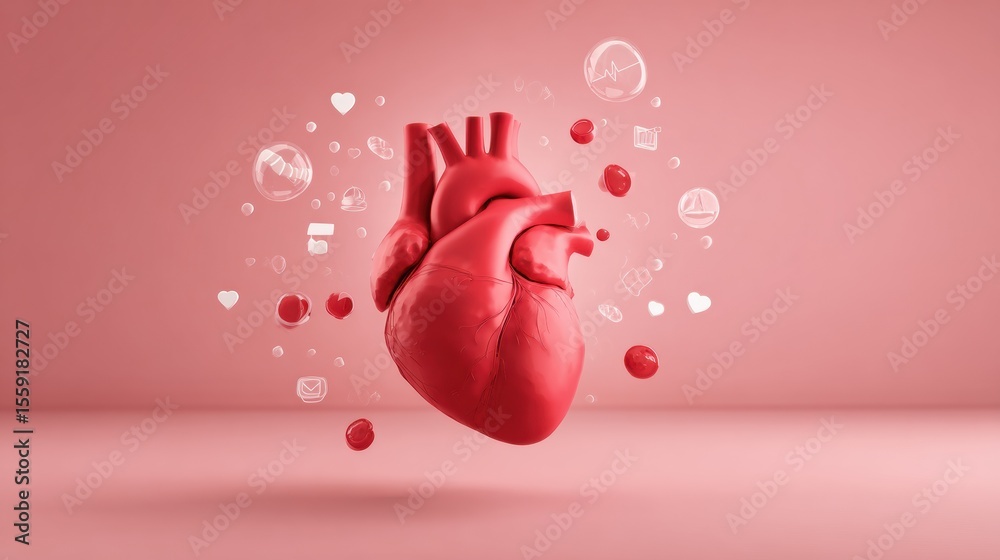 Aufkleber stylized heart organ design with gradient red and floating health icons expressing wellness and vita