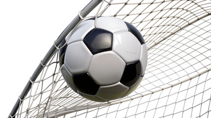 Naklejka premium A soccer ball hitting the back of the net, isolated on transparent background
