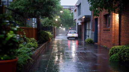 Fototapeta premium Rainy Street Scene With Car Driving Away In Wet Urban Alley Reflecting Lights And Buildings