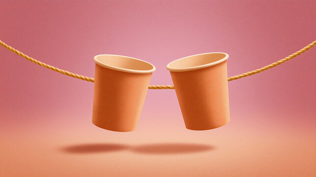 Two paper cups are connected by string against a soft pastel background, showcasing playful communication through minimal illustration. Concept of design, marketing, communication - Powered by Adobe