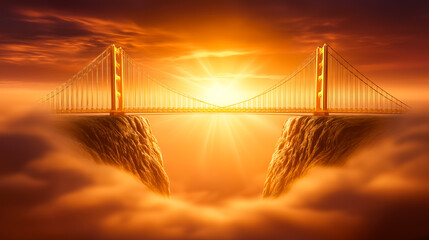Obraz premium Golden bridge spans gap between two cliffs during captivating sunrise. Soft haze envelops scene creating an inspirational vision of overcoming obstacles. Concept of motivation, architecture, journey