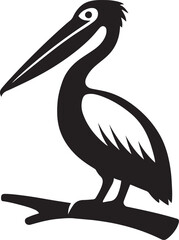 Pelican perched on branch silhouette design, Black and white bird in calm pose