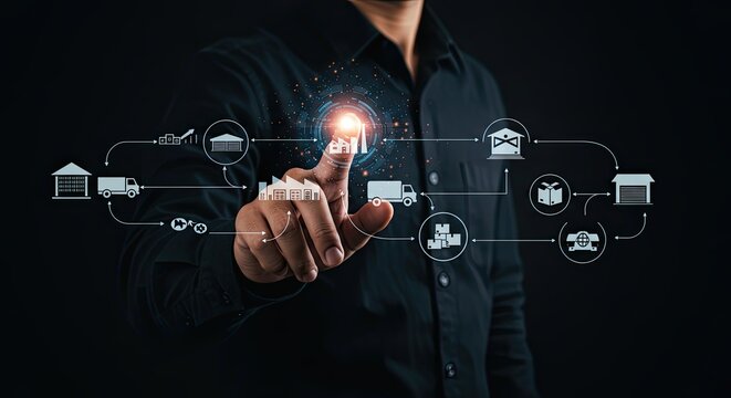 Supply Chain Management (SCM) and Logistics Visualization: Businessman Interacting with a Holographic SCM Interface Showing the Flow of Goods for Logistics and Distribution.