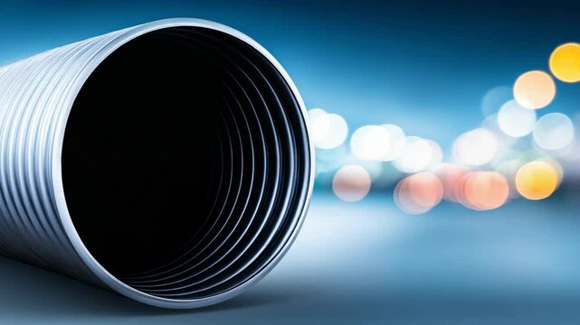 Abstract metallic corrugated pipe tunnel vision with blurred bokeh background