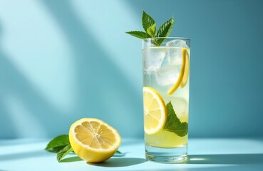 Refreshing lemonade drink with ice cubes lemon slices and mint leaves. Cold beverage on blue background with shadow. Summer time fun concept. Healthy and refreshing drink with copy space.