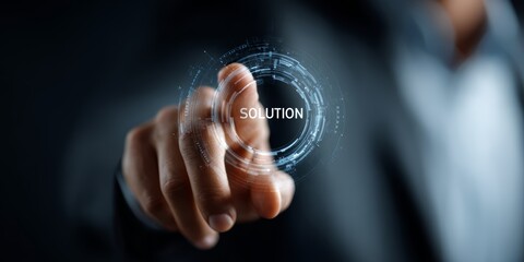 Man is pointing at a circle with the word "Solution" written in the center. Concept of finding a solution to a problem or challenge