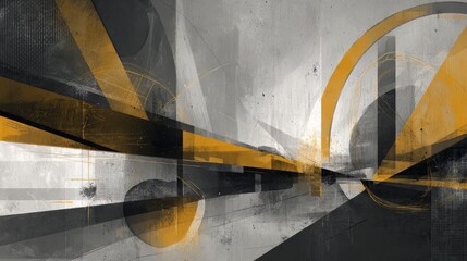 Painting of a cityscape with a large archway in the middle. The painting is a mix of black, white, and yellow colors