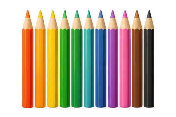 Sharpened colored pencils standing upright, displaying rainbow-like color spectrum on clean white surface