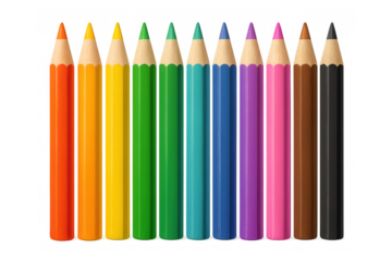 Sharpened colored pencils standing upright, displaying rainbow-like color spectrum on clean white surface