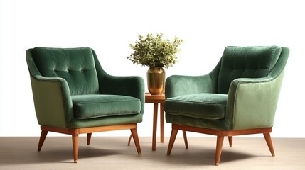Two Modern Green Velvet Armchairs with Small Table