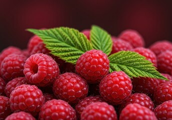 Close-up of juicy red raspberries with fresh green leaves, ready to eat.