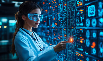Female Medical Professional Using Augmented Reality Interface with Digital Health Data and Brain Scans in Futuristic Laboratory