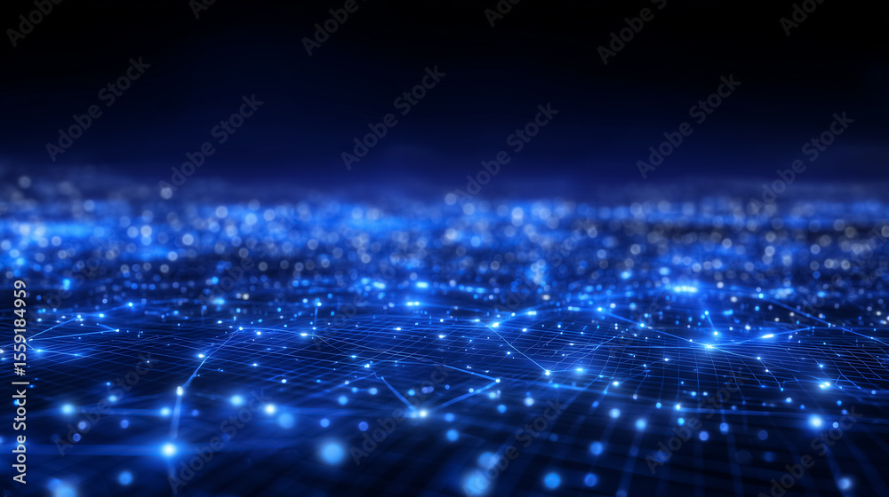 Poster glowing network nodes interlinked by lines forming a digital communication landscape. dark backgroun