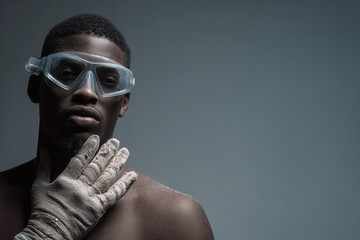 portrait of diver positioned on left side of frame showcasing brave expression