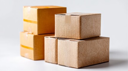 Obraz premium Stack of cardboard boxes with a yellow tape on top. The boxes are stacked on top of each other