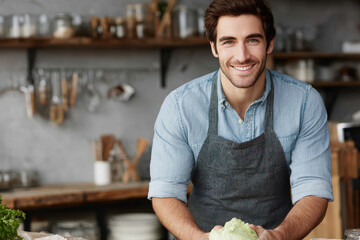warm portrait of chef smiling positioned on left side of frame with clean background